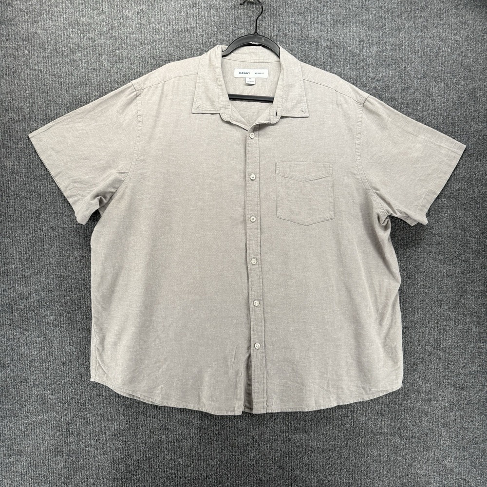 Old Navy Shirt Mens 2XL Beige Linen Cotton Button Up Short Sleeve Casual Resort